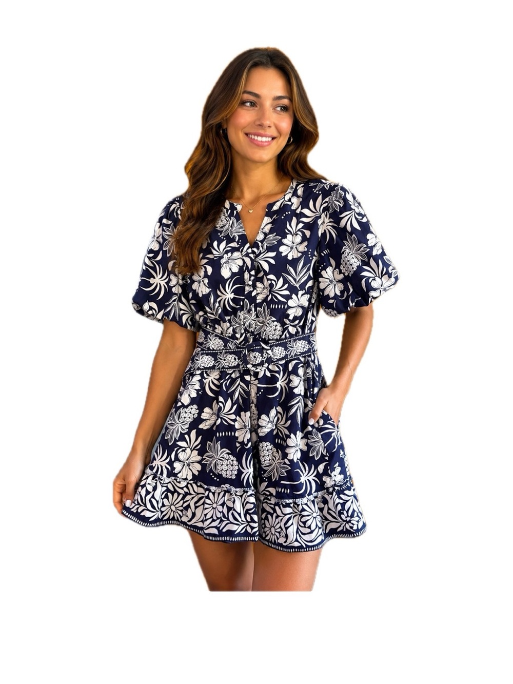 Joie Navy and White Floral Belted Mini Dress